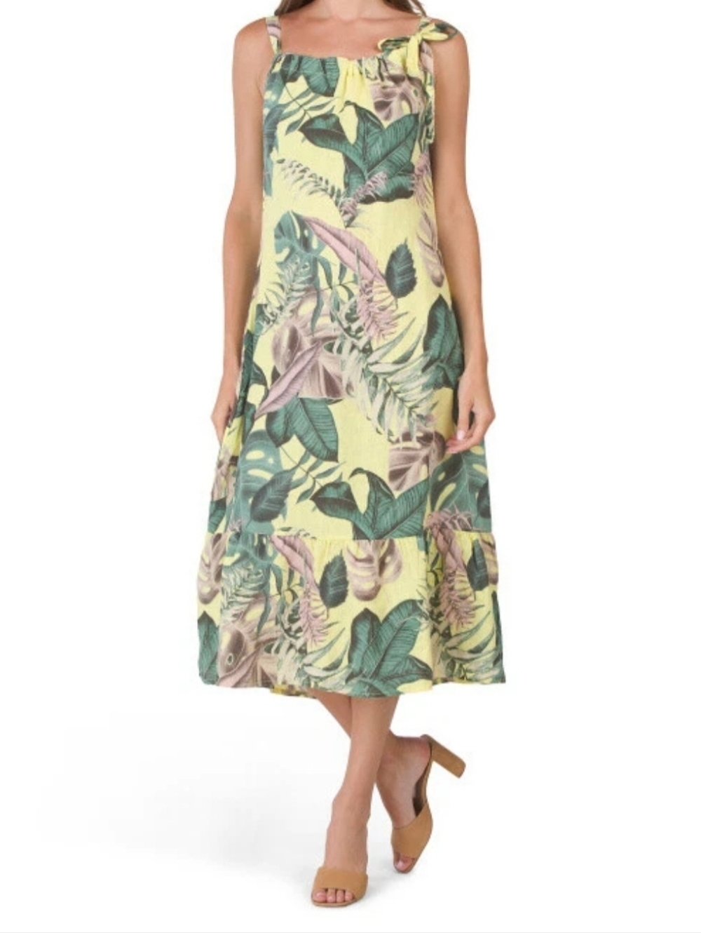 🎈BELLAMBRA Italy Linen Strapless Tropical Midi Dress Sz L Resortcore